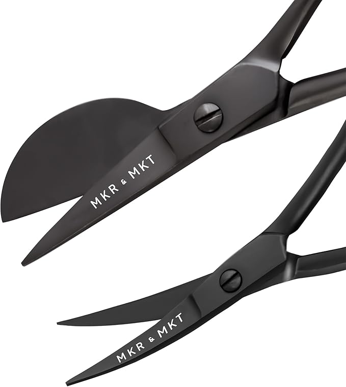 MAKER AND MARKET Small Embroidery 4.5 Inch Scissors Set of 2 Kit - Mini Double Bend Offset Duckbill and Double Bend Long Applique Needlepoint Blade with Pouch Sleeve (Black)