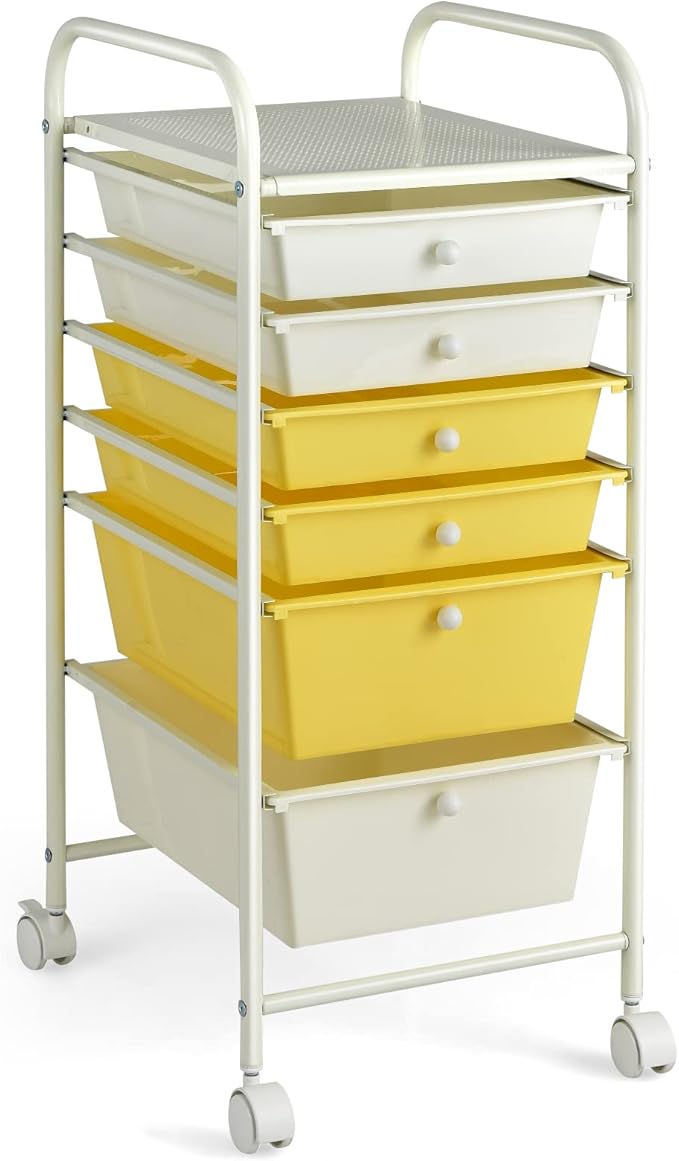 Giantex 6 Storage Drawer Cart Rolling Organizer Cart for Tools Scrapbook Paper Home Office School Multipurpose Mobile Utility Cart (Beige & Yellow)