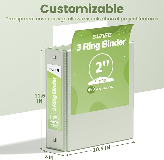 SUNEE 3 Ring Binder 2 Inch 1 Pack, Clear View Binder Three Ring PVC-Free (Fit 8.5x11 Inches) for School or Office Supplies, Sage Green