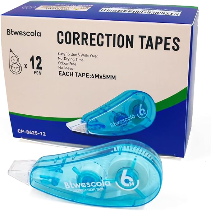 Btwescola Correction Tape, Easy to Use Applicator for Instant Corrections, 19.7Feet 12-Count Pack Correction Tape for School, Office, Crafting(12pcs/Set)