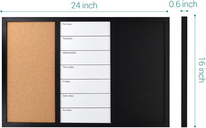 Navaris Combination Board Cork/Whiteboard/Chalkboard - 16 x 24 inches Combo Bulletin Magnetic Dry Erase Chalk Board Weekly Planner Message Organizer