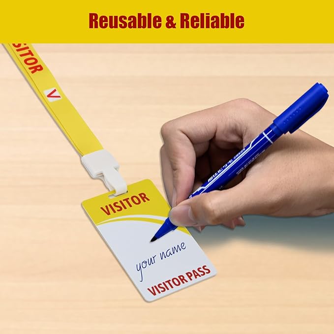 Visitor Badge Lanyards Volunteer Badge Holder with Clips (25 pcs) - Reusable Temporary ID Pass for Office, School, Events PVC Plastic Security Cards for Exhibition Guest by OSTENBIG (Yellow)