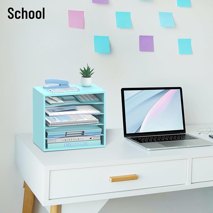 SHARKWOODS 5-Tier Wood Desk Organizer, Paper Tray Organizer for Desk with Adjustable Storage Shelves, Desktop File Organization Paper Sorter Mail Holder for Office Home Classroom, Blue