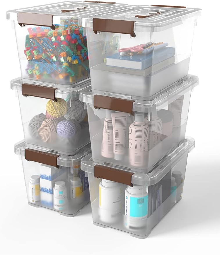 WYT 6-Pack Clear 7 Quart Storage Latch Box/Bins, Plastic Stackable Latching Box with Brown Handle and Lid, Multi-Purpose, 7 Litre