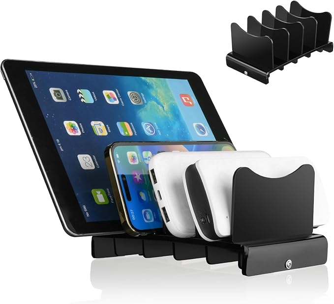 CaSZLUTION Acrylic Multi Device Organizer Stand Base for Portable Charger Power Banks, 4 Slots Desktop Storage Holder Compatible with USB Battery Pack, Phones and Tablets (Stand Only) - Black