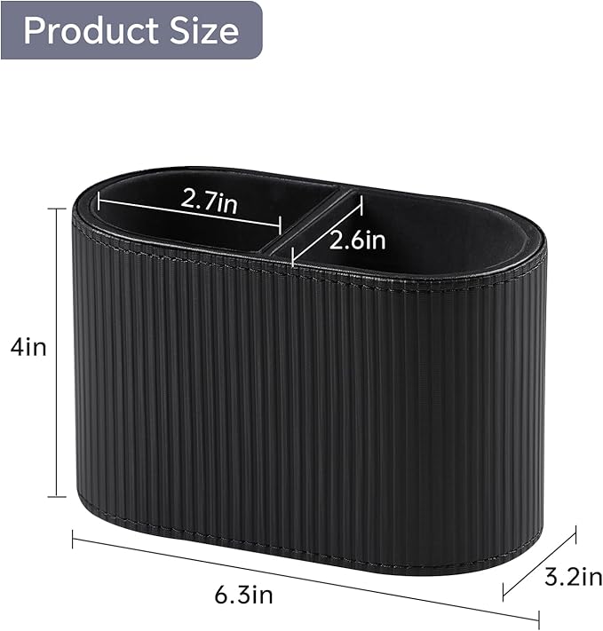 MEIBOOCH PU Leather Pen Holder for Desk, Small Remote Control Holder Pencil Cup Multifunctional Desktop Organizer Caddy for Home School Office Desk Accessories - 2 Compartments (Black Ribbed Texture)