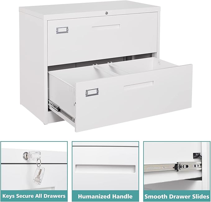 MIIIKO 2 Drawer Lateral File Cabinet with Lock, White Filing Cabinet for Home Office, Two Drawer Metal File Cabinet for Hanging Files Folders Letter/Legal/F4/A4 Size