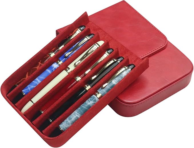 MIVLXLX Leather 6 Fountain Pen/Pencil Tray Case, Handmade, Magnetic Closure with Drawer Design, Gift Choice for Man/Woman/Office, 6 Slots(red)