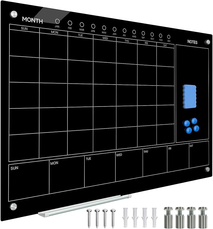 JYYPWB Magnetic Glass Whiteboard 36X24 Monthly Planner Calendar Dry Erase Board for Home, School, Office, Frameless, with Markers, Marker Tray, Eraser, Magnets (Black)