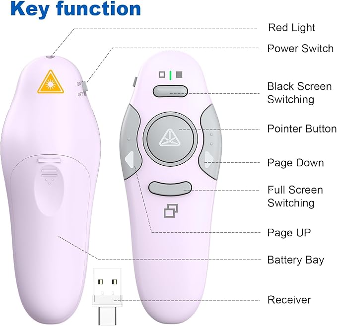 QUI Presentation Clicker Wireless Presenter Remote Clicker for PowerPoint Presentation Remote, PowerPoint Slide Advancer for Mac/Windows/Linux, Google Slide/PPT/Keynote, USB A&C, Purple
