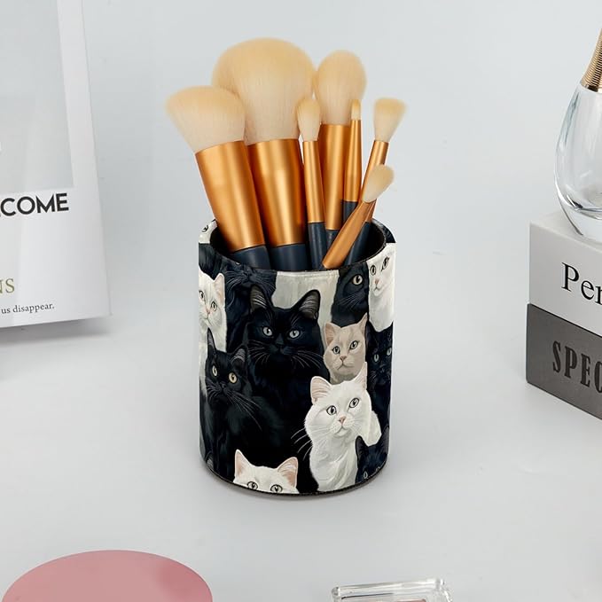 Leather Pen Holder for Desk, Black and White Cats Pencil Cup Desktop Organizer Makeup Brush Holders Office Supplies for Home, Kids & School