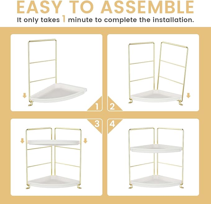 JANUS LiANG 2-Tier Corner Bathroom Countertop Organizer, Tiny Counter Corner Shelf Skincare Makeup Perfume Organizer and Organization for Kitchen (Luxury Gold)