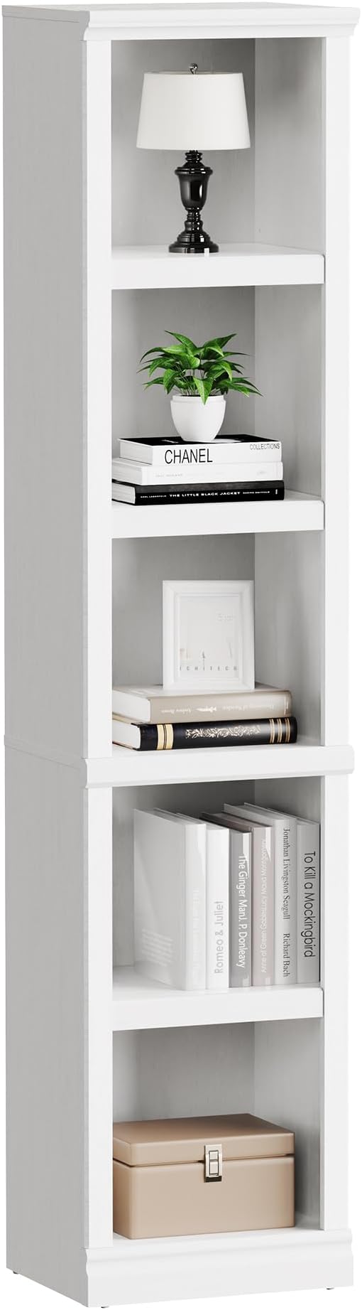 blini 5-Shelf Narrow Bookcase White Wooden Tall Bookshelves Floor Standing Display Storage Shelves Mahogany Bookcase for Home Office, Living Room, Bed Room