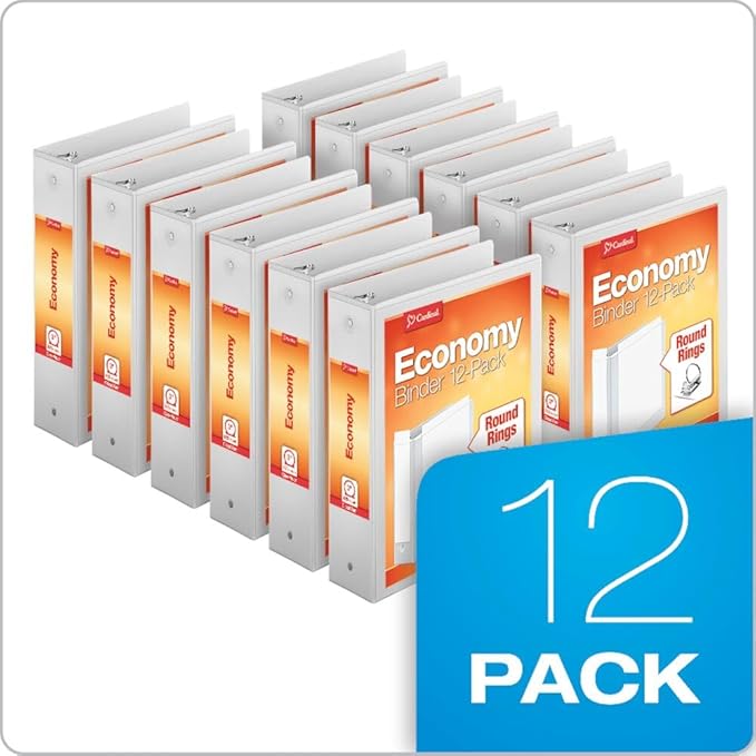 Cardinal Economy 3-Ring Binders, 3", Round Rings, Holds 625 Sheets, ClearVue Presentation View, Non-Stick, White, Carton of 12 (90651)