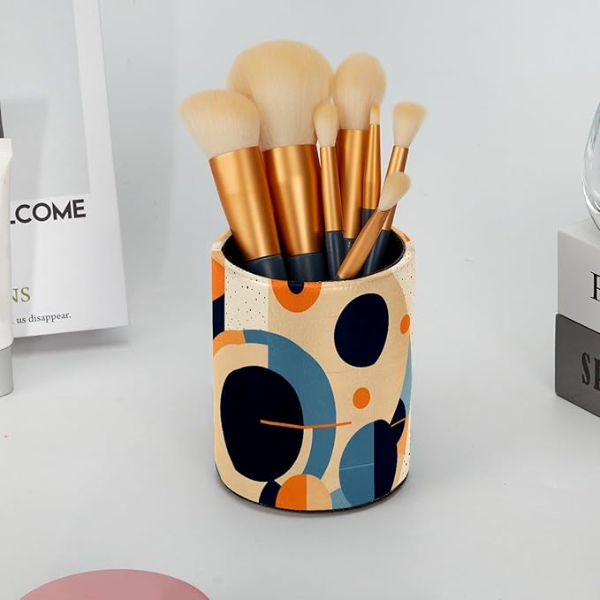 Leather Pen Holder for Desk Geometric Cube Pattern Pencil Cup Desktop Organizer Makeup Brush Holders Office Supplies for Home, Kids & School