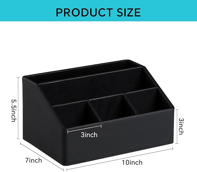 Cretkhp Remote Control Holder with 5 Compartments for Office Art Supplies, PU Leather Nightstand Organizer Pencil Pen Desk Caddy for Home, Desktop TV Remote Control Organizer Storage (Black)