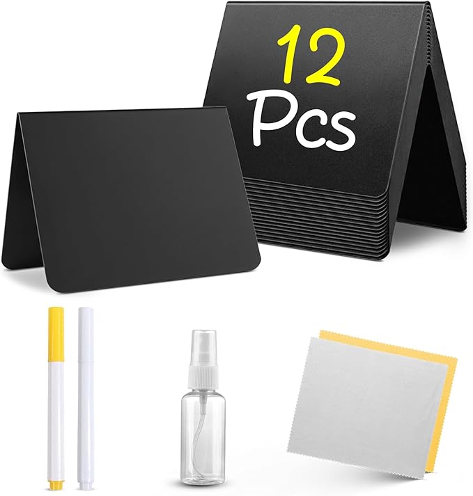 12 Pack Mini Chalkboard Signs for Food, 4āx3ā Small Reusable Chalk Board Signs w/Spray Bottle, Food Labels for Party Buffet, Table Signs for Wedding, Name Tags & Bakery w/ 2 Markers & Wiping Cloths