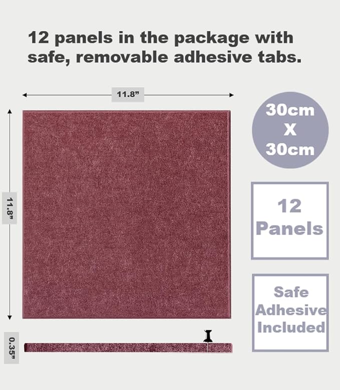 DECORITA Felt Wall Tiles | Large Cork Board Alternative | Aesthetic Felt Bulletin Board for Office, Home & Classroom | Large Cork Boards for Walls Pinboard (12-Pack) | Red Wine