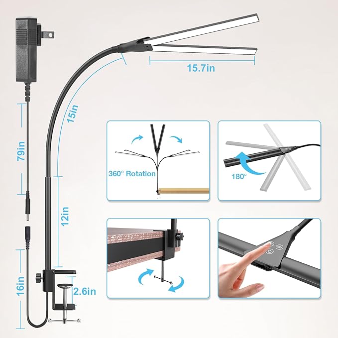 Hensam Desk Lamp for Office Home, 31.5" Desktop Lighting Bar with Gooseneck, Clip on Desk Light with Clamp, Bright Dimmable Table Lamp for Study, Work, Computer, Monitor, Reading