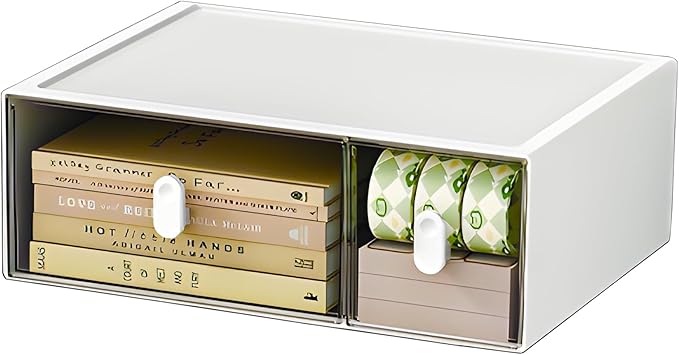 OSteed Desktop Drawers, Desk Organizer with 2 Drawers & Upright Handles, Stackable Plastic Storage Box for Home Collection, Cosmetics, Office Supplies (Tall Layer, White & Clear)