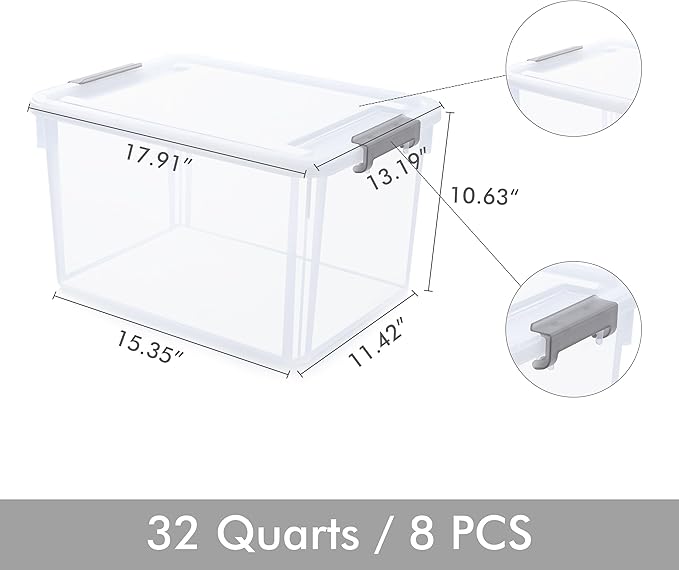 Citylife 32 QT Plastic Storage Bins with Latching Lids Stackable Storage Containers for Organizing Large Clear Storage Box for Garage, Closet, Kitchen, 8 Packs