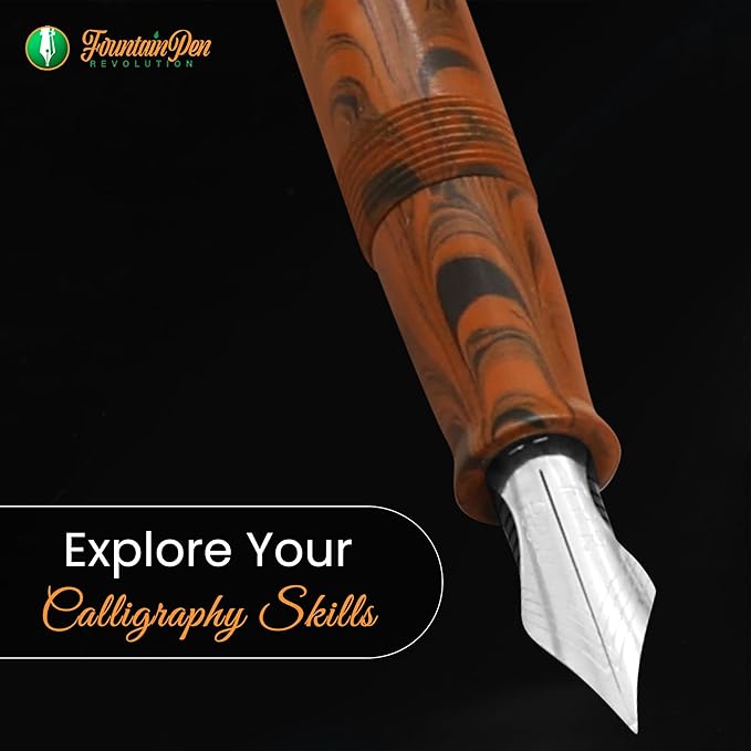FPR Himalaya V2-Chrome Ultra Flex Nib Pen - Twist-Style Converter Filled Calligraphy Pens for Writing - Fancy Pens for Men & Women - Flex Fountain Pen w/Metal Clip & Cap Ring (Brown Ebonite)