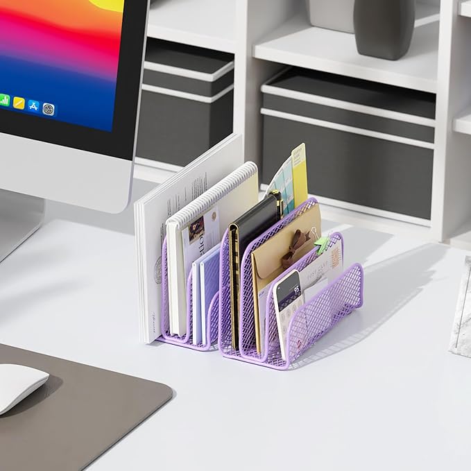 gianotter Mail Organizer Countertop, Metal File Holder with 3-Slot, Purple Desk Accessories & Workspace Organizers (Purple)