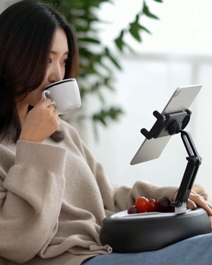 CANHET Tablet Leather Pillow Stand,【Stain-Resistant】 Tablet Holder with 2 Snack Bowl, Adjustable Pillow Stand for Lap/Bed/Couch/Desk, Fits 4-13" Kindle, iPad Pro Air Mini, Phone, Galaxy Z Fold