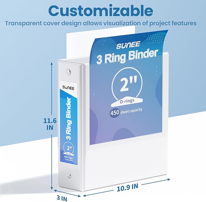 SUNEE 3 Ring Binder 2 Inch 1 Pack, Clear View Binder Three Ring PVC-Free (Fit 8.5x11 Inches) for School or Office Supplies, White