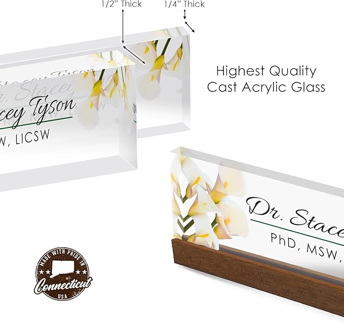 Artblox Personalized Office Desk Name Plate and Business Card Holder | Clear Acrylic Glass with Teak Wood Stand | Calla Flowers Design Customized with Your Name and Credentials Office Desk Decor