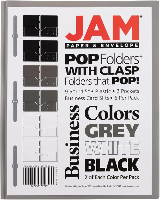 JAM PAPER Plastic Color POP Folders - 2 Pocket Durable Folders with Metal Prongs Fastener Clasps - Assorted Business Colors - 6/Pack