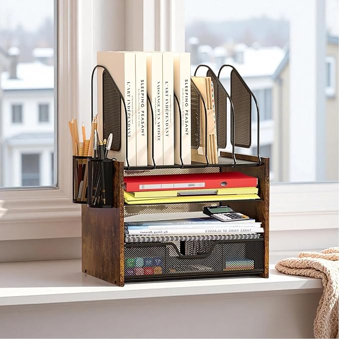 Boershun Wood Desk Organizer - 4-Tier Desktop File Organizer with Drawer, Wooden Paper Tray, Vertical File Holders & 2 Pencil Holders - Office Desk Organizer for Papers, Mail, Notebooks, Stationery
