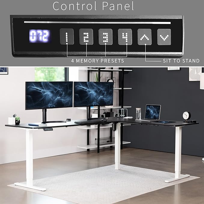 VIVO Electric Corner 84 x 63 inch L-Shaped Standing Desk, Memory Height Adjustment, Black Top White Frame, DESK-E3CTWB-84