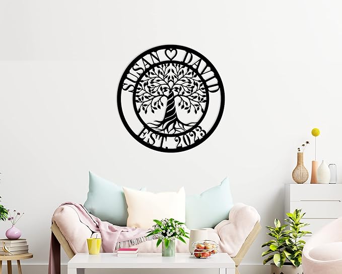 Personalized Tree of Life Metal Sign, Custom Family Name Metal Plaque, Monogram Wall Decor Art, Best Housewarming Present for Wedding Anniversary Couple