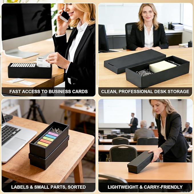 QLOUNI Business Card Storage Box 4 Pack, Business Card Holder Case with Lids & 112 Index Dividers, Holds 3200 Cards Total, Desk Business Card Organizer, Black Card Index & Recipe Card Storage