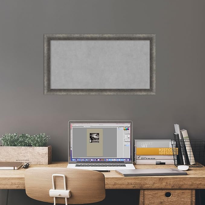 Amanti Art Grey Framed Magnetic Board 14x26 Small Vision Board for use with Magnets, 100% Metal Sheet to Display Items as Office Decor or for Home Organization in mudroom, Kitchen or Kids Room