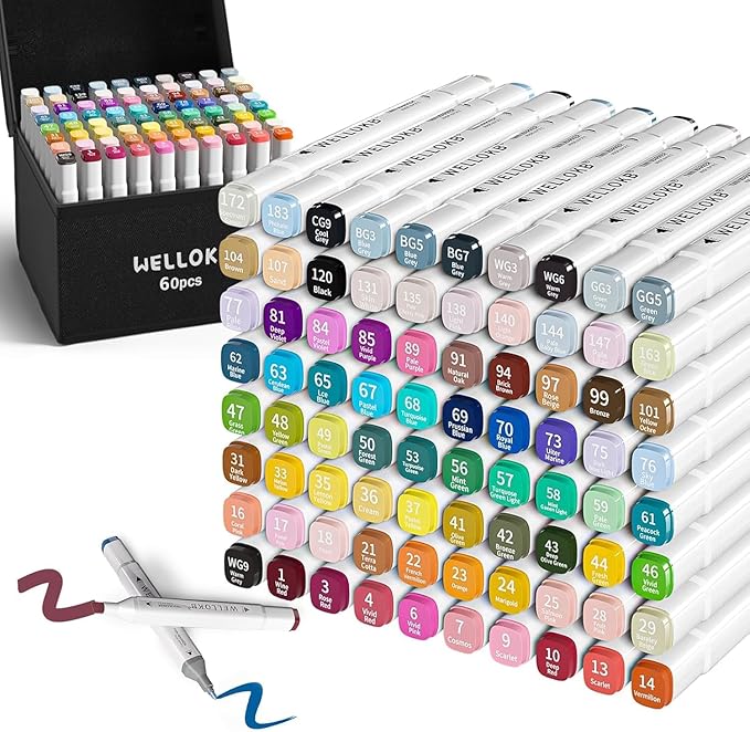 WELLOKB Alcohol Markers, 60 Dual Tip Permanent Art Markers for Coloring, Illustrations, and Sketching, Includes Case for Easy Storage, Alcohol, Based Ink Ideal for Book Painting and Card Making