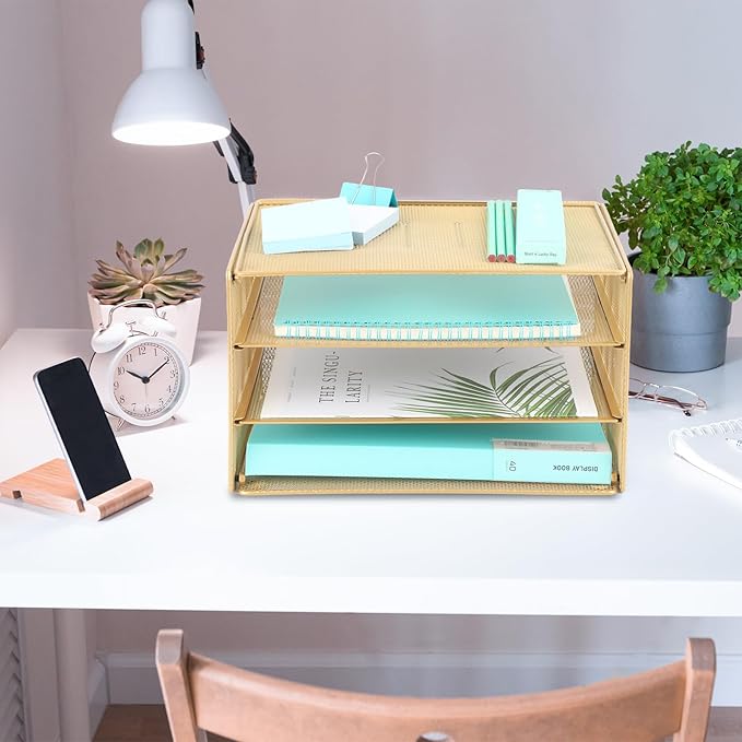 EASEPRES Paper Organizer Tray, 3 Tier Mesh Desk File Organizer Letter Sorter Holder for Home Office, Gold