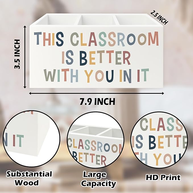 QZQE Boho Classroom Pen Pencil Holder Organizer for Desk, This Classroom Is Better With You in It Wooden Box Signs Decorations for Home Office Desk Tabletop, Back to School Supplies