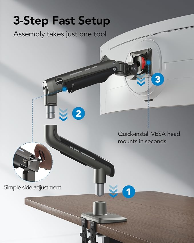 HUANUO TitanLift Heavy Duty Monitor Arm for Screens up to 49", Holds 44 lbs, Aluminum Ultrawide Screen Desk Mount, Fully Adjustable Single Gaming Monitor Mount with Dual C-Clamp, Max VESA 100x100mm