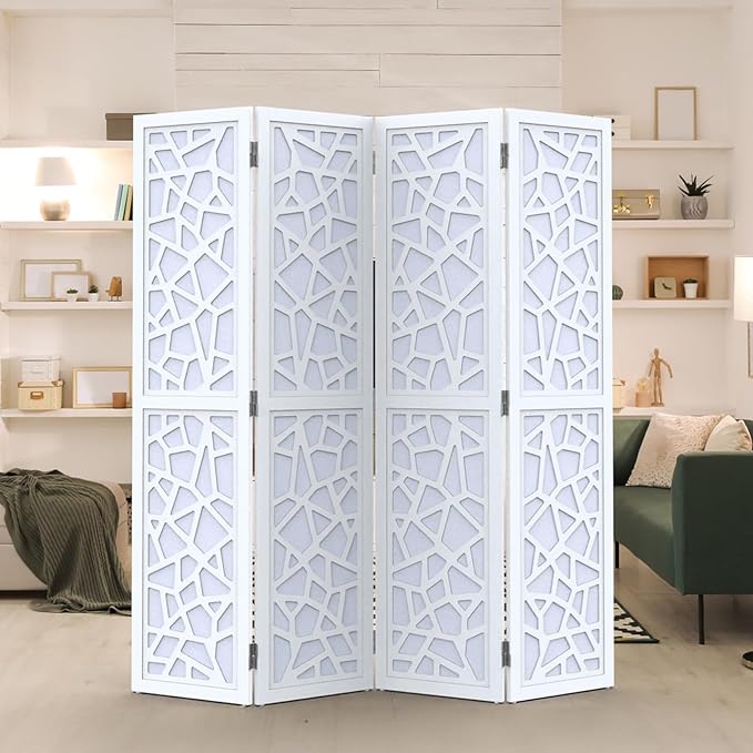 VINGLI 70'' H Room Divider, Non-Woven Fabric Privacy Screen, Indoor Partition Wall Dividers, Freestanding Hinged Space Separator with Modern Unique Pattern (White, 4 Panel)
