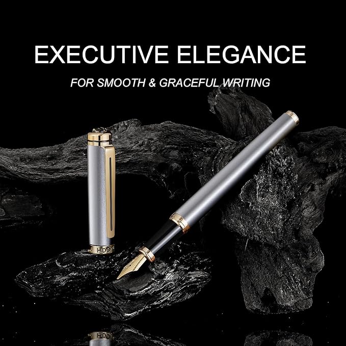 HDDNB Silver Luxury Fountain Pen Set for Men and Women with Gift Box, 24K Gold Finish and Gilded Nib(Extra Fine) with 5 Black Ink Cartridges and Converter