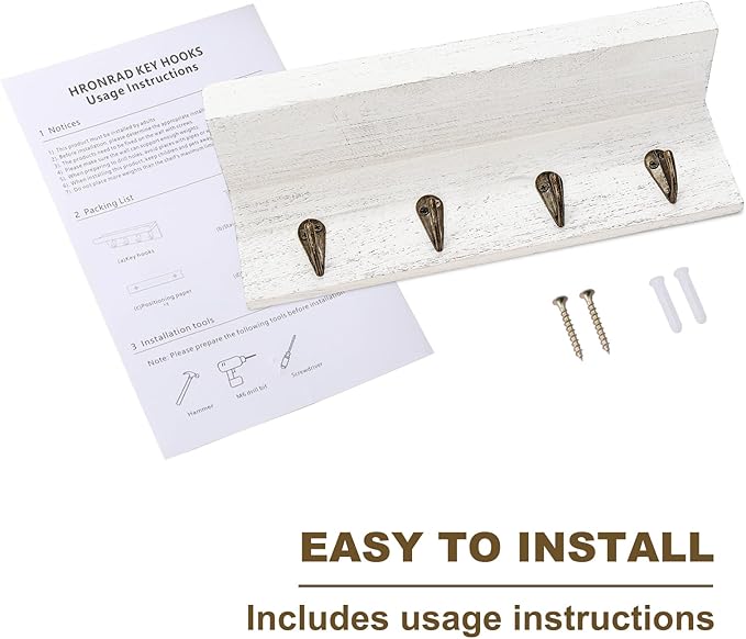 HRONRAD Rustic Key Holder for Wall, Farmhouse Wall Shelf with 4 Hooks, Wall Mounted Key Racks, Wooden Mail Organizer with Hooks for Entryway (White)