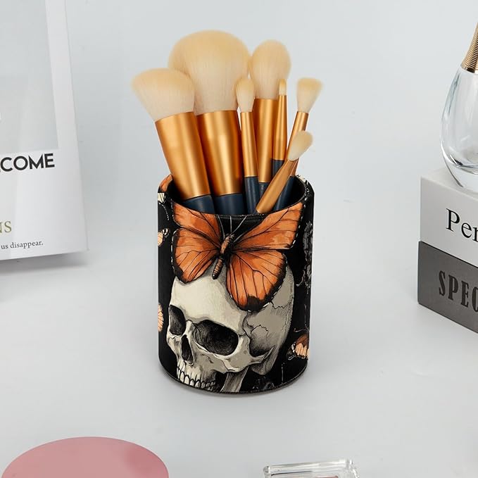Leather Pen Holder for Desk, Butterfly Skull Pencil Cup Desktop Organizer Makeup Brush Holders Office Supplies for Home, Kids & School