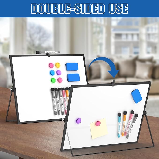 Grtard Magnetic Dry Erase Board with Stand, 18''x14'' Double-Sided White Board, Desktop Whiteboard with Stand, Large White Board, Desk Whiteboard Portable, Dry Erase Board for Kids, Memo(Black)
