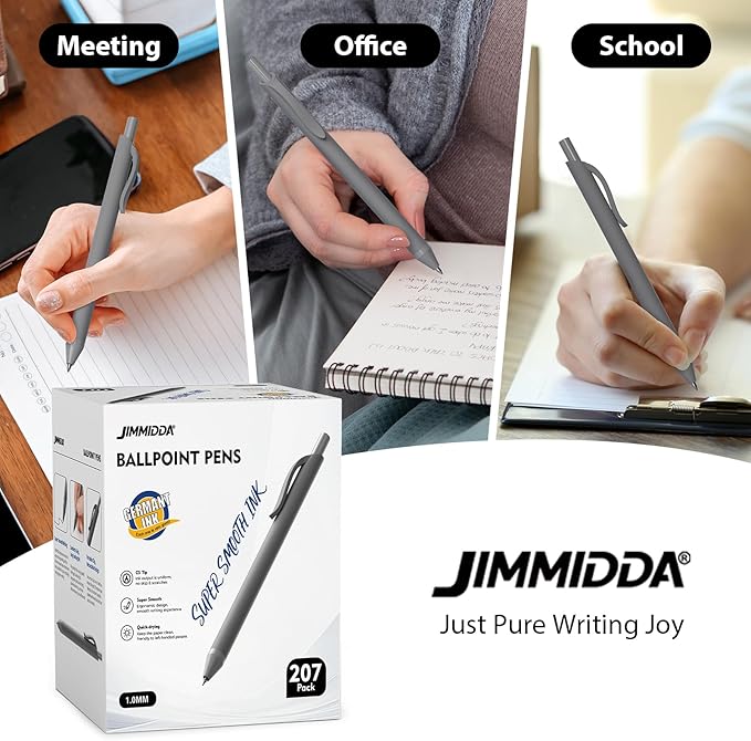 JIMMIDDA Ballpoint Pens Bulk - 107 Pcs Black Ink Pens in Bulk | 1.0 Medium Point Smooth Writing, Wholesale Retractable No Bleed Ball Point Pen for Men Women (Gray Barrel)