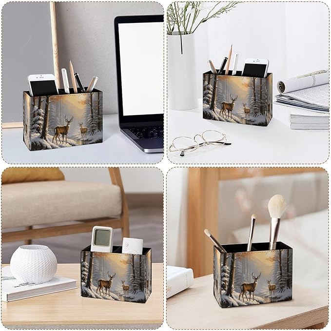 Famame Winter Wild Deer Snow Trees Pencil Holder for Desk, Leather Desktop Container Pen Cup Storage Study Table Pen Organizer Makeup Brush Holder for Classroom Office Home