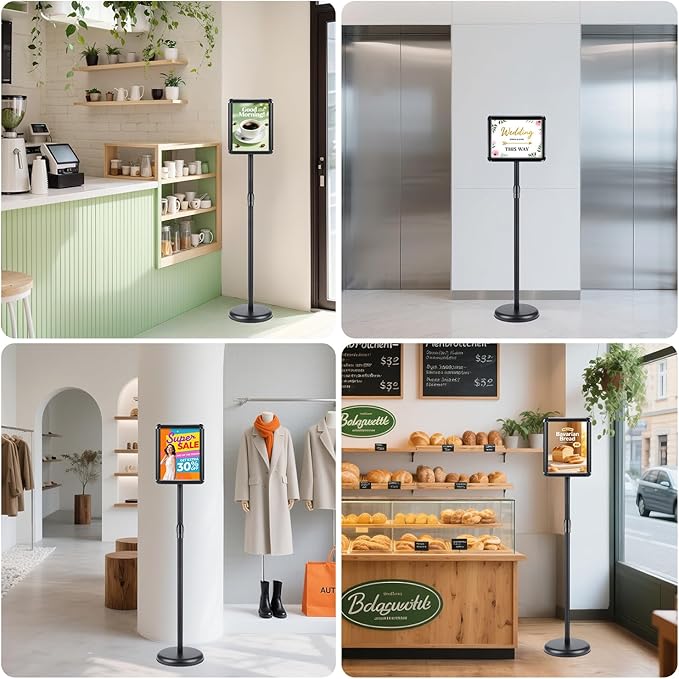 RedChili 2 Pack Sign Holder Stand 8.5x11 Inch, Adjustable Floor Standing Sign Holder Signage Stand with Aluminum Snap-Open Frame Vertical Horizontal View Display For Malls Schools Restaurants (Black, Round Corner)