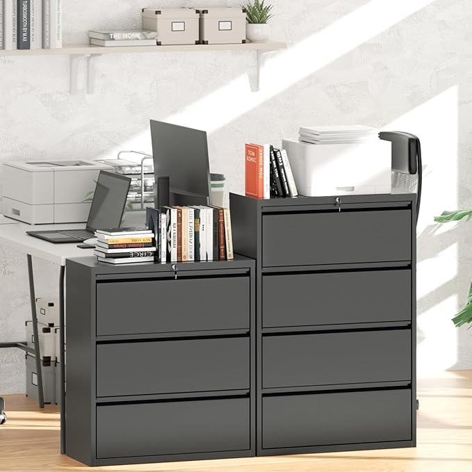 Greenvelly 4 Drawer File Cabinet, Metal Filing Cabinet with Lock, Black Lateral File Cabinet for Home Office, Locking File Cabinet for Letter/Legal/F4/A4 Size Hanging Files, Easy Assembly
