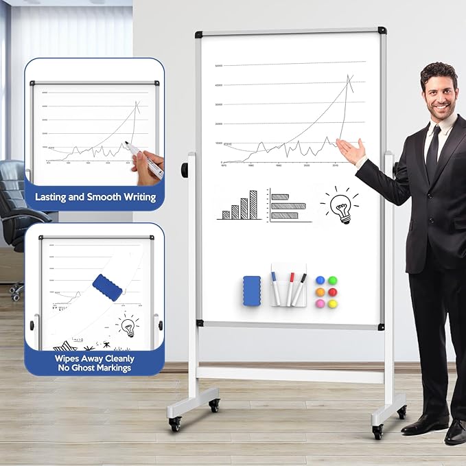 UIFER Rolling Whiteboard, 44 x 26 Double Sided Magnetic Dry Erase Board Height Adjustable Whiteboard on Wheels with Sturdy Aluminum Frame for Home Office Classroom